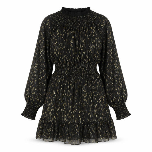 Front view of Kling women’s black polyester a-line, size L, mock neck zip - gold detail