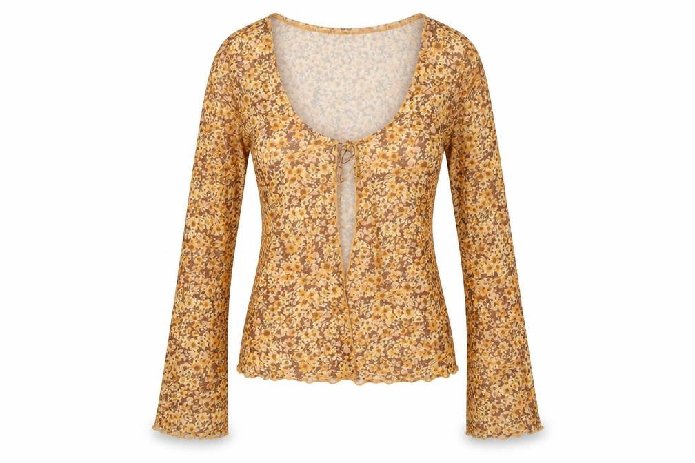 Front view of Motel Rocks women’s brown floral polyester basic button-up, size M, v-neck
