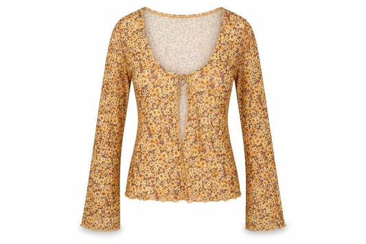 Front view of Motel Rocks women’s brown floral polyester basic button-up, size M, v-neck