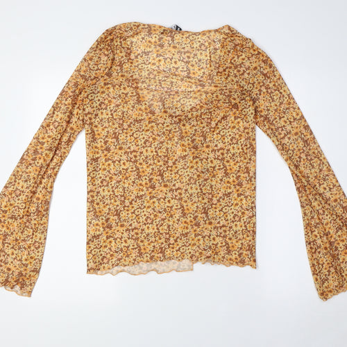 Motel Womens Brown Floral Polyester Basic Button-Up Size M V-Neck