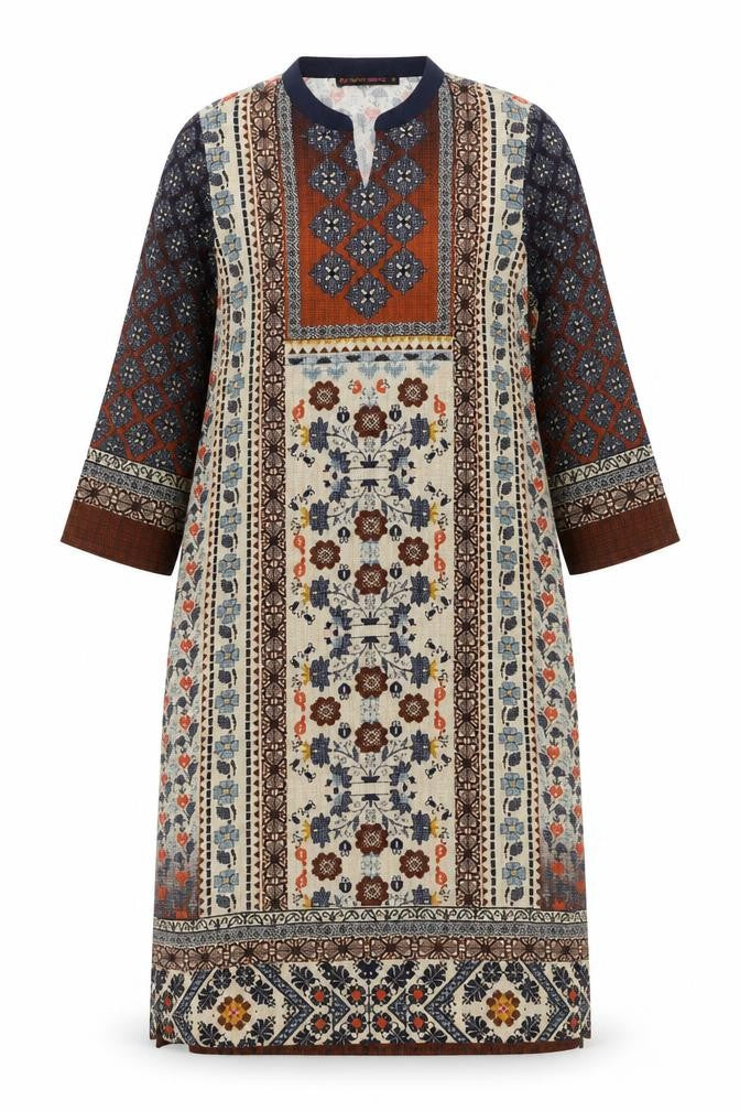 Front view of FusionBeats women’s multicoloured polyester tunic blouse, size S, round neck