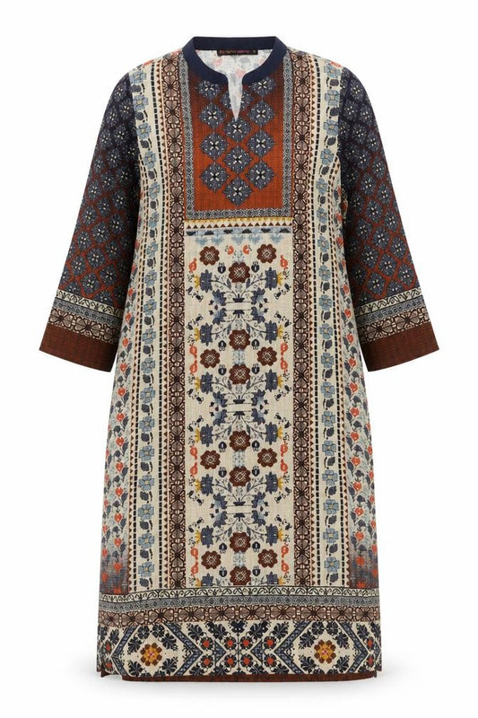 Front view of FusionBeats women’s multicoloured polyester tunic blouse, size S, round neck