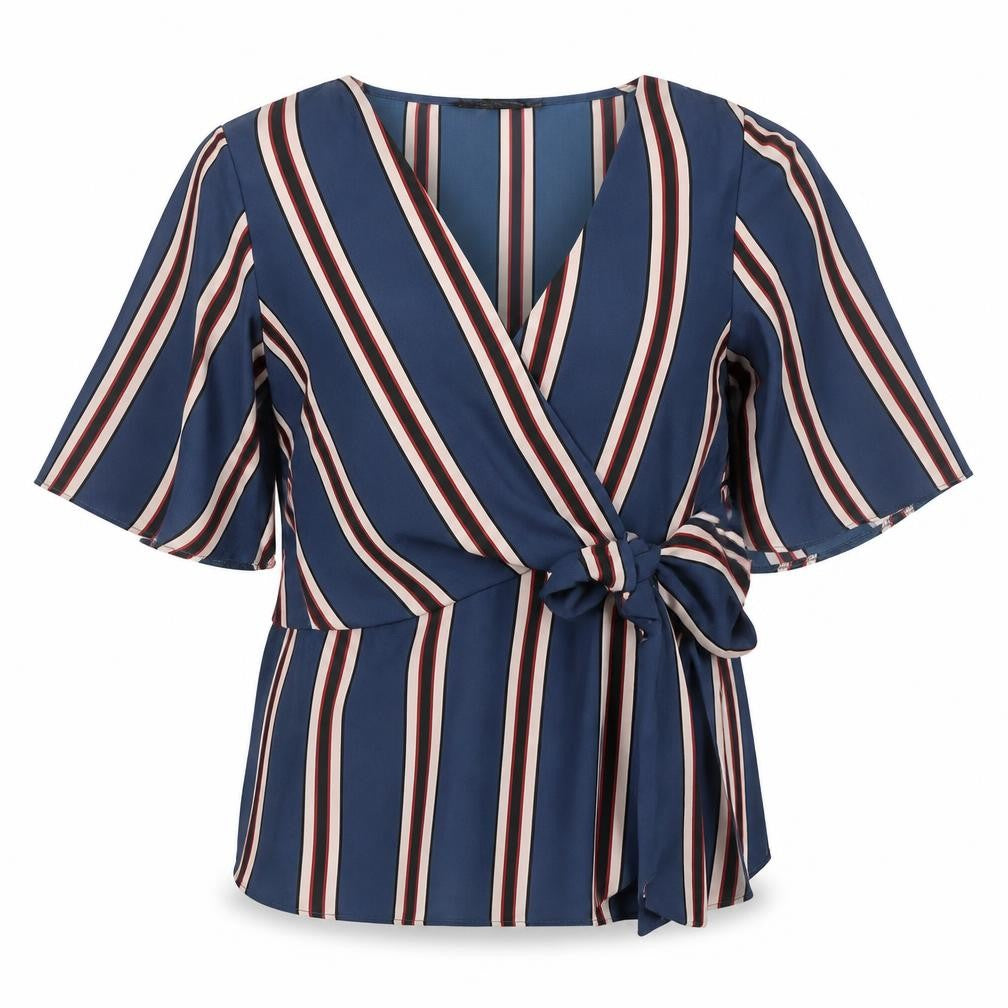 Front view of Dorothy Perkins women’s green striped polyester basic blouse, size UK 12, v-neck - knot front