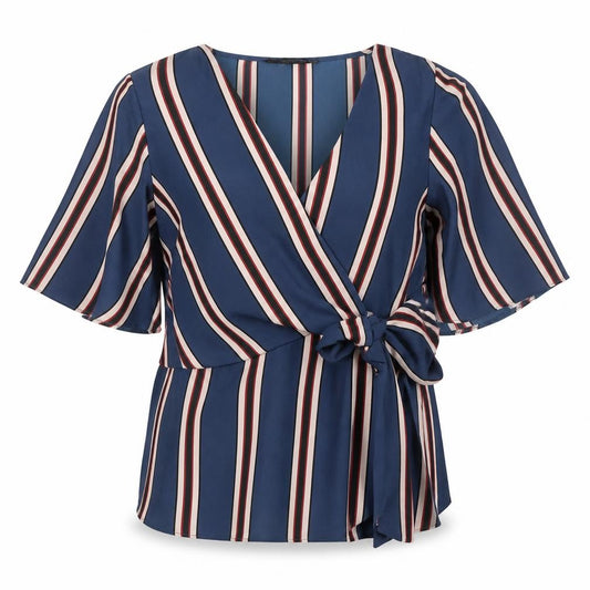 Front view of Dorothy Perkins women’s green striped polyester basic blouse, size UK 12, v-neck - knot front