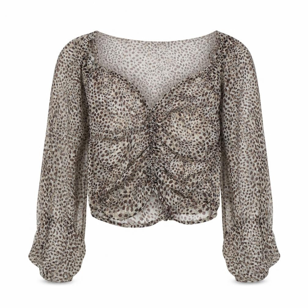 Zara Womens Beige Animal Print Polyester Basic Blouse Size XS V-Neck - Gold Stripes, Sheer