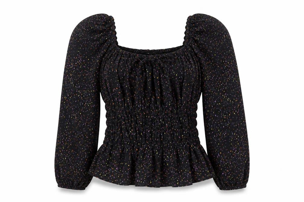 Front view of Topshop women’s multicoloured polyester basic blouse, size UK 4, scoop neck - smocked top