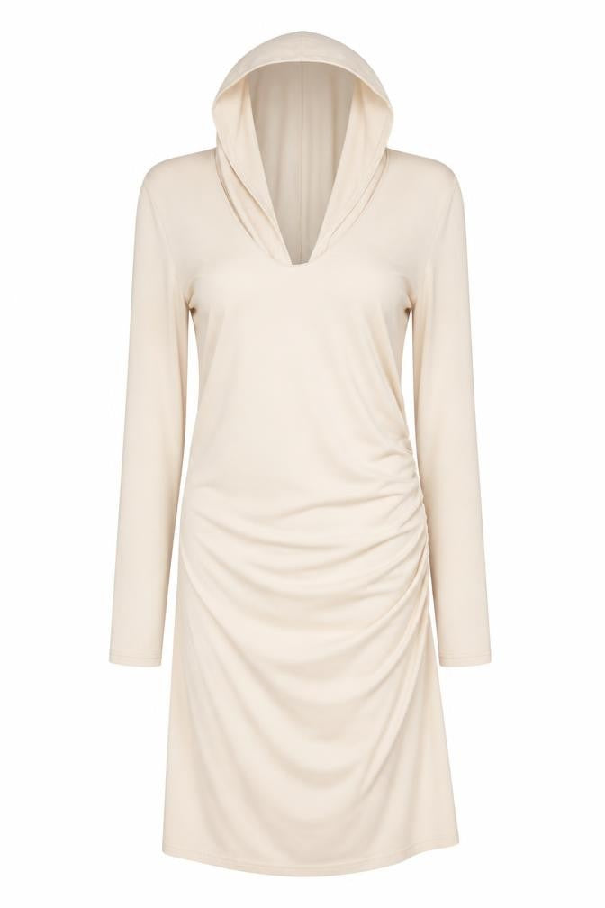 Front view of Zara women’s beige polyester a-line, size XL, mock neck - hood, open back