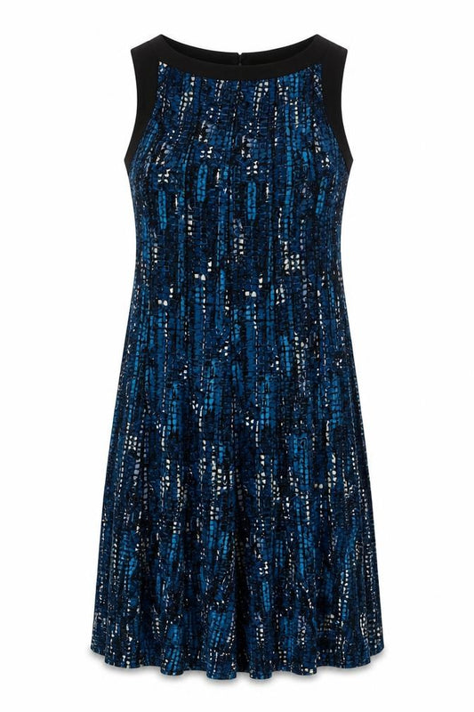 Front view of Sandra Darren women’s blue polyester a-line, size UK 14, boat neck button