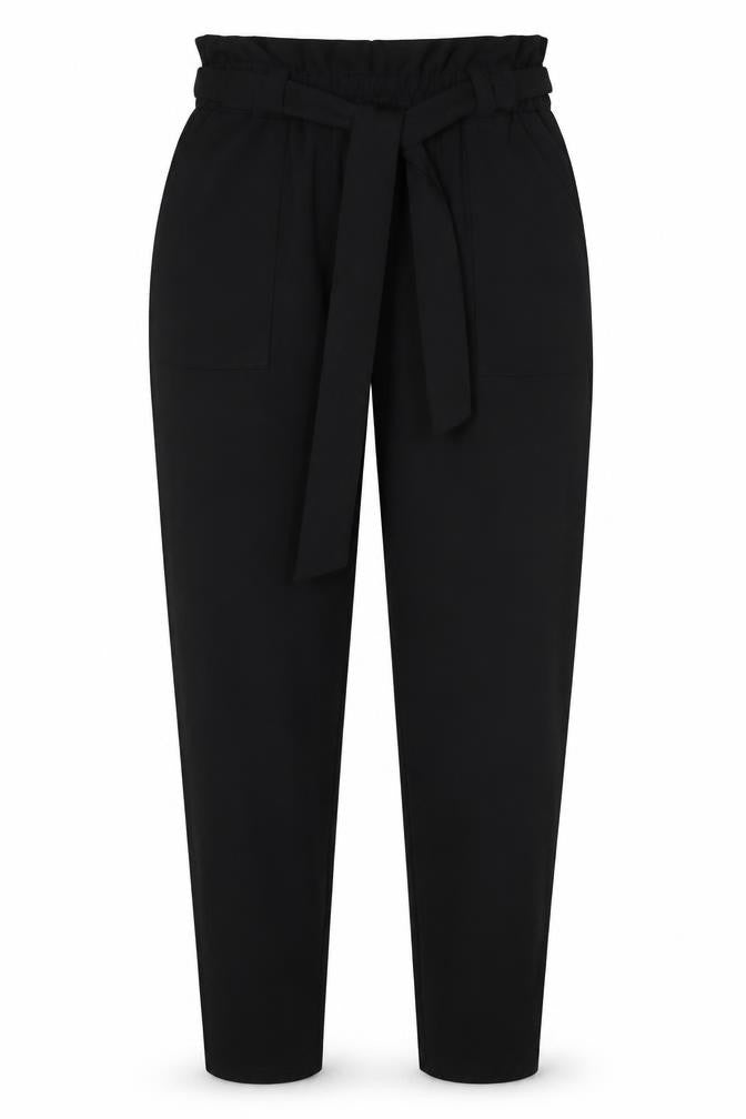 Front view of Boohoo women’s black polyester trousers, size UK 8, 25-inch leg regular - elasticated waist