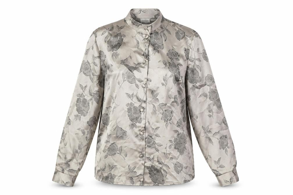Front view of ELSIE WHITELEY women’s gold floral polyester basic blouse, size UK 10, mock neck