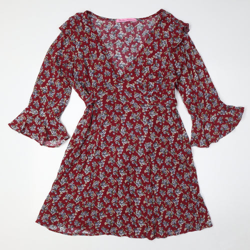 Pink Polkadot Womens Red Floral Rayon A-Line Size L V-Neck Zip