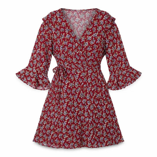 Front view of Pink Polkadot women’s red floral rayon a-line, size L, v-neck zip