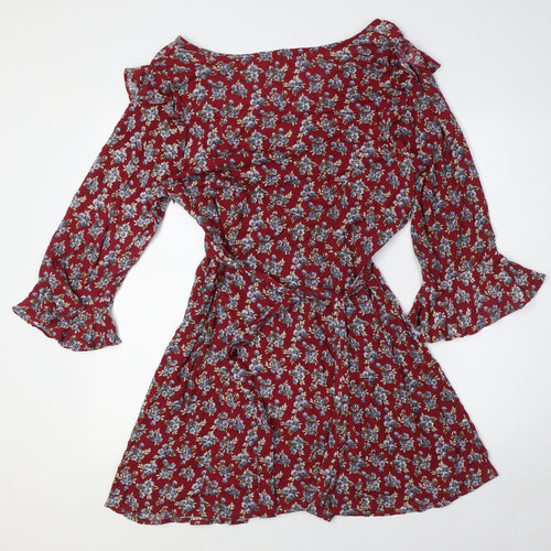 Pink Polkadot Womens Red Floral Rayon A-Line Size L V-Neck Zip