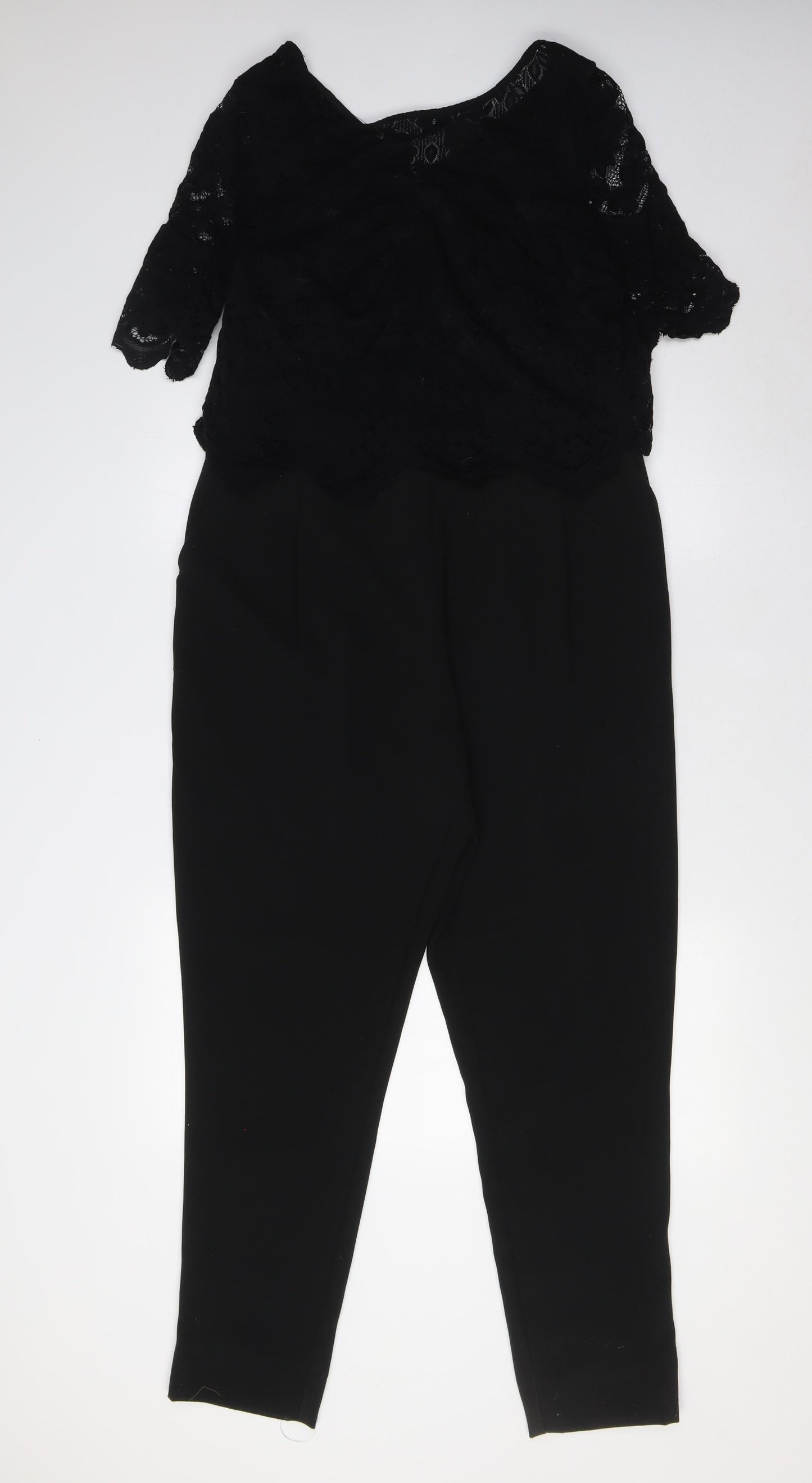 Jacques Vert Womens Black Polyester Jumpsuit One-Piece Size 14 L28 in Zip - Lace Overlay Top