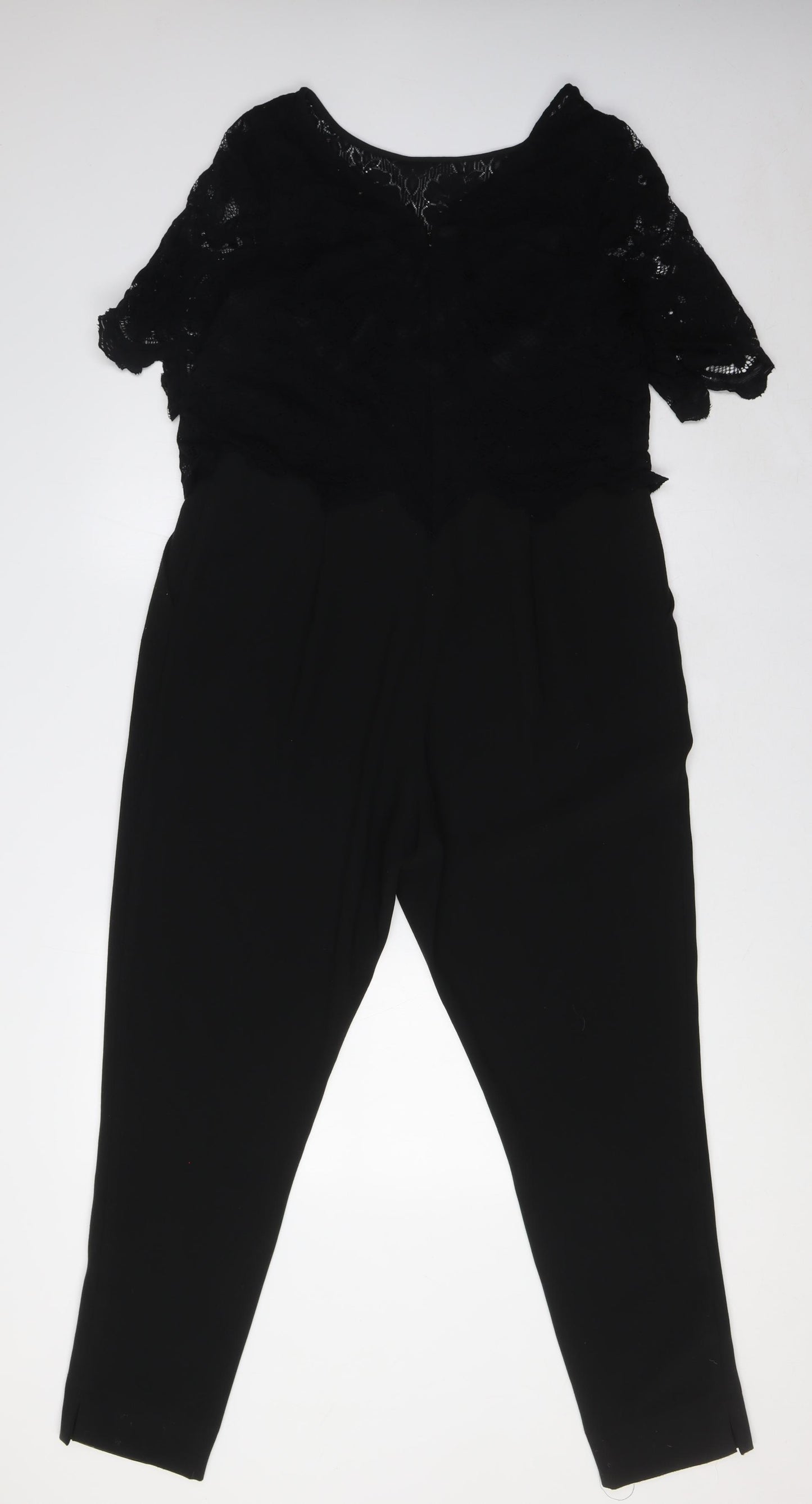 Jacques Vert Womens Black Polyester Jumpsuit One-Piece Size 14 L28 in Zip - Lace Overlay Top