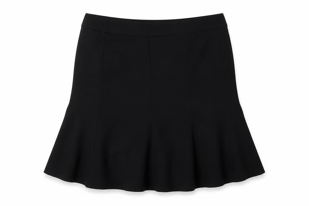 Front view of Essence women’s black polyester a-line skirt, size UK 22, zip