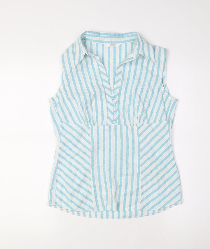 Marks and Spencer Womens Green Striped Cotton Basic Button-Up Size 8 Collared