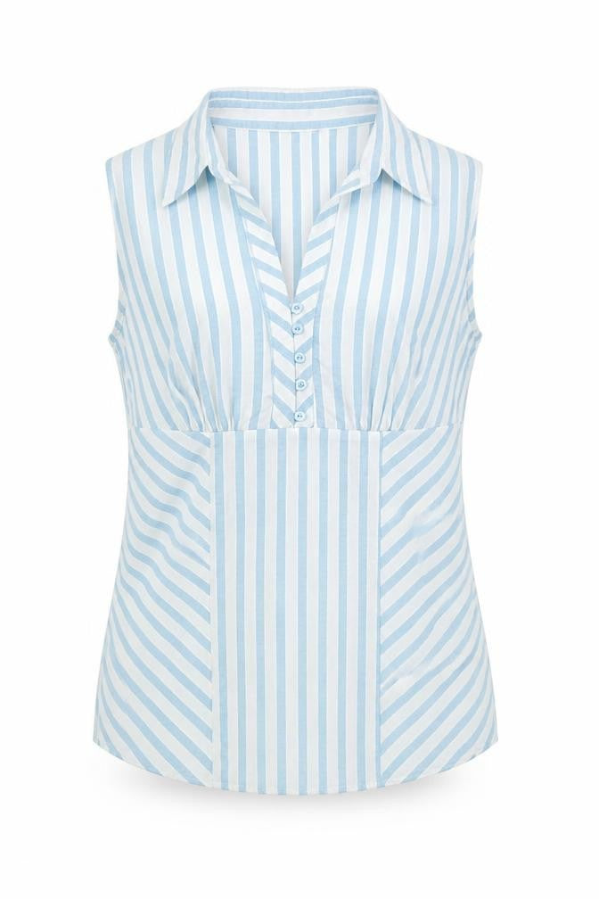 Front view of Marks & Spencer women’s green striped cotton basic button-up, size UK 8, collared