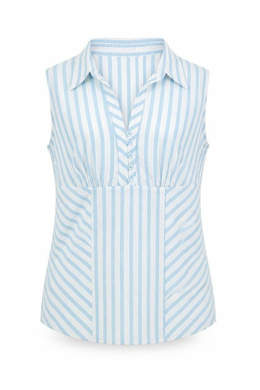 Front view of Marks & Spencer women’s green striped cotton basic button-up, size UK 8, collared