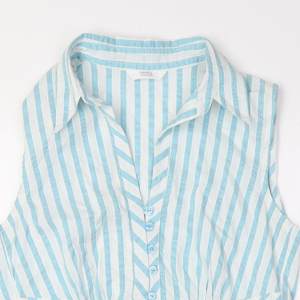 Marks and Spencer Womens Green Striped Cotton Basic Button-Up Size 8 Collared