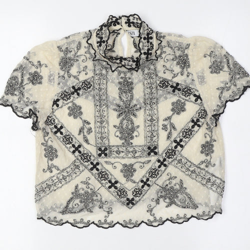 Zara Womens Ivory Polyester Cropped Button-Up Size S Mock Neck - Lace