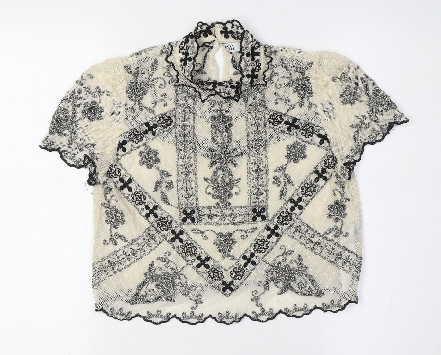 Zara Womens Ivory Polyester Cropped Button-Up Size S Mock Neck - Lace