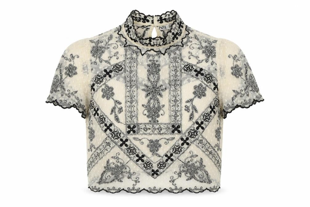 Front view of Zara women’s ivory polyester cropped button-up, size S, mock neck - lace