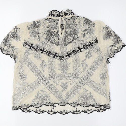 Zara Womens Ivory Polyester Cropped Button-Up Size S Mock Neck - Lace