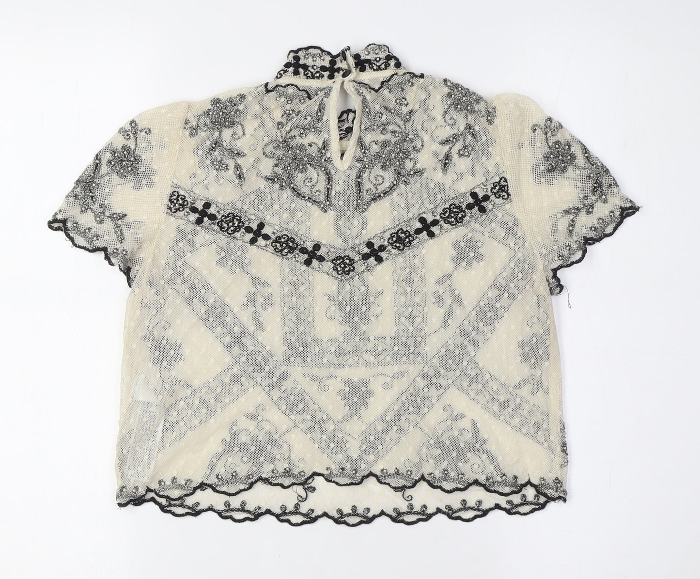 Zara Womens Ivory Polyester Cropped Button-Up Size S Mock Neck - Lace
