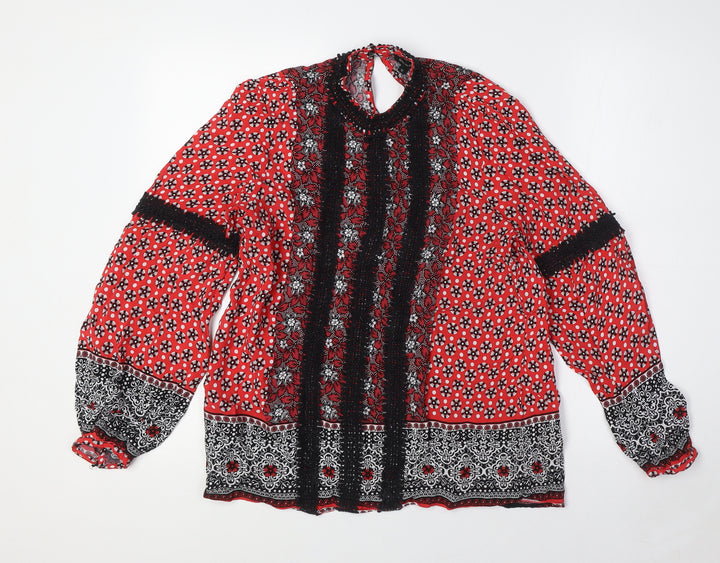 River Island Womens Red Viscose Basic Button-Up Size 12 Mock Neck