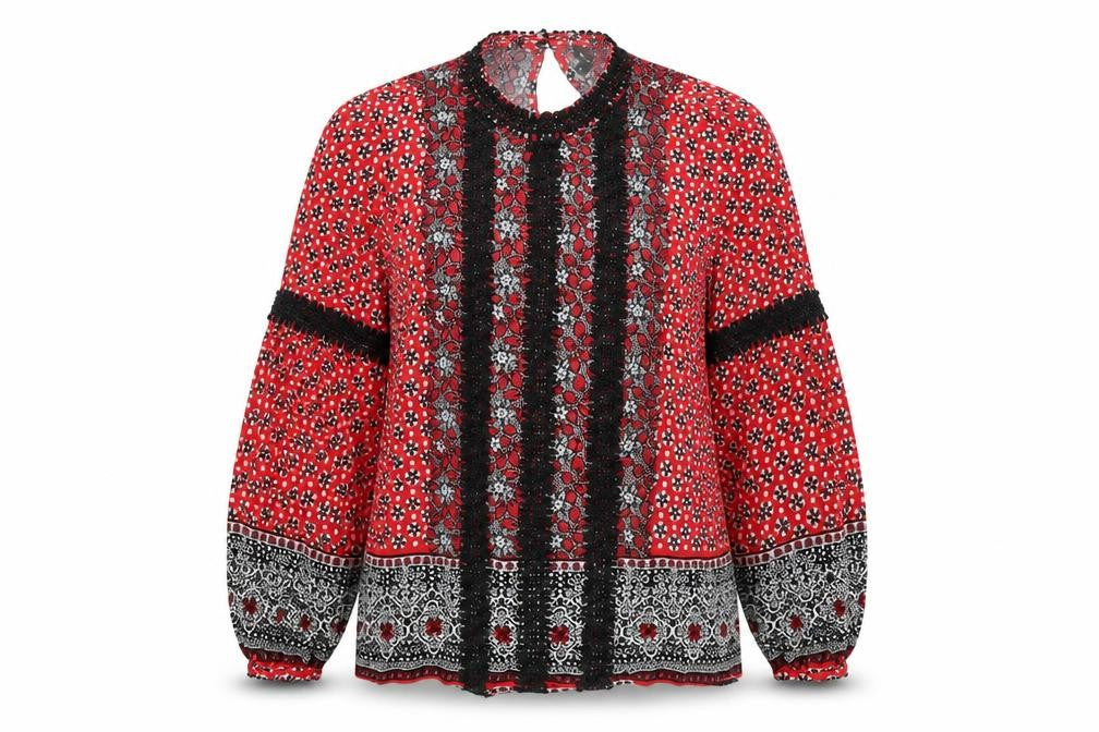Front view of River Island women’s red viscose basic button-up, size UK 12, mock neck