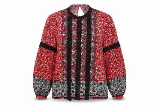 Front view of River Island women’s red viscose basic button-up, size UK 12, mock neck