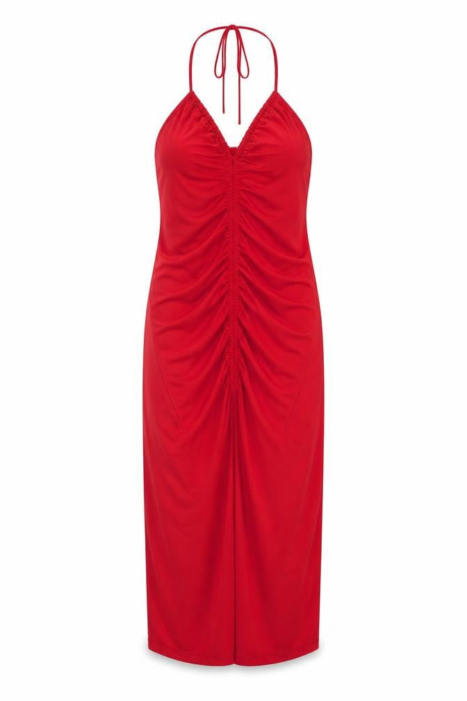 Front view of Zara women’s red polyester a-line, size S, halter tie