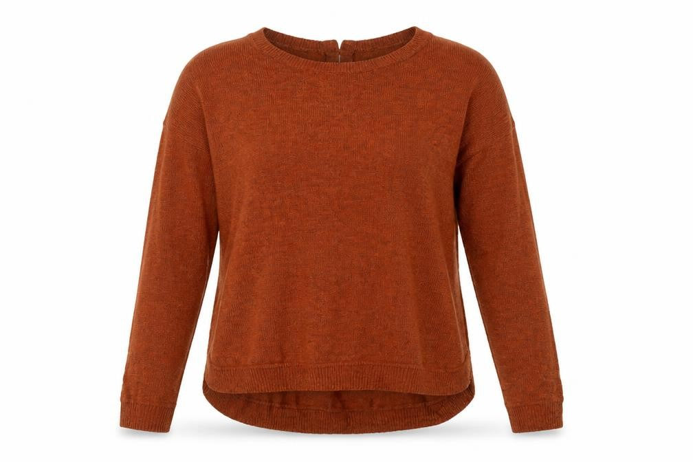 Front view of H&M women’s orange crew neck acrylic jumper, size XS, - zip back