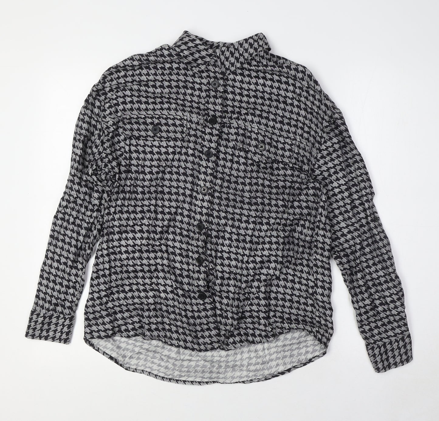 NEXT Womens Black Check Viscose Basic Button-Up Size 6 Collared