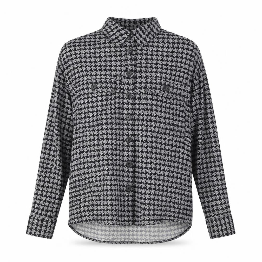 Front view of Next women’s black check viscose basic button-up, size UK 6, collared