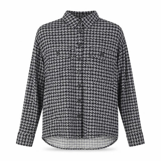 Front view of Next women’s black check viscose basic button-up, size UK 6, collared