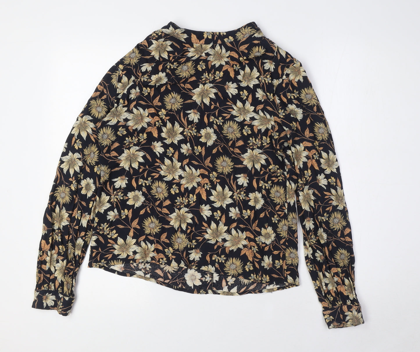 Warehouse Womens Blue Floral Viscose Basic Button-Up Size 10 Mock Neck