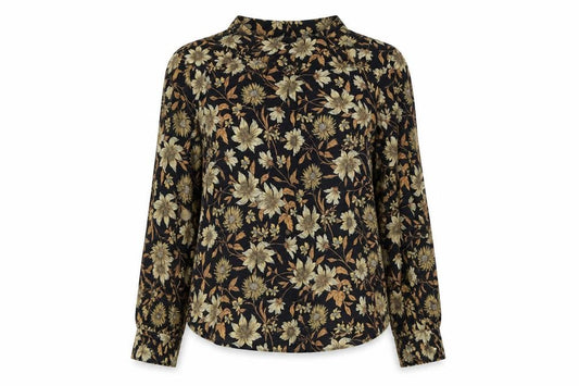 Front view of Warehouse women’s blue floral viscose basic button-up, size UK 10, mock neck