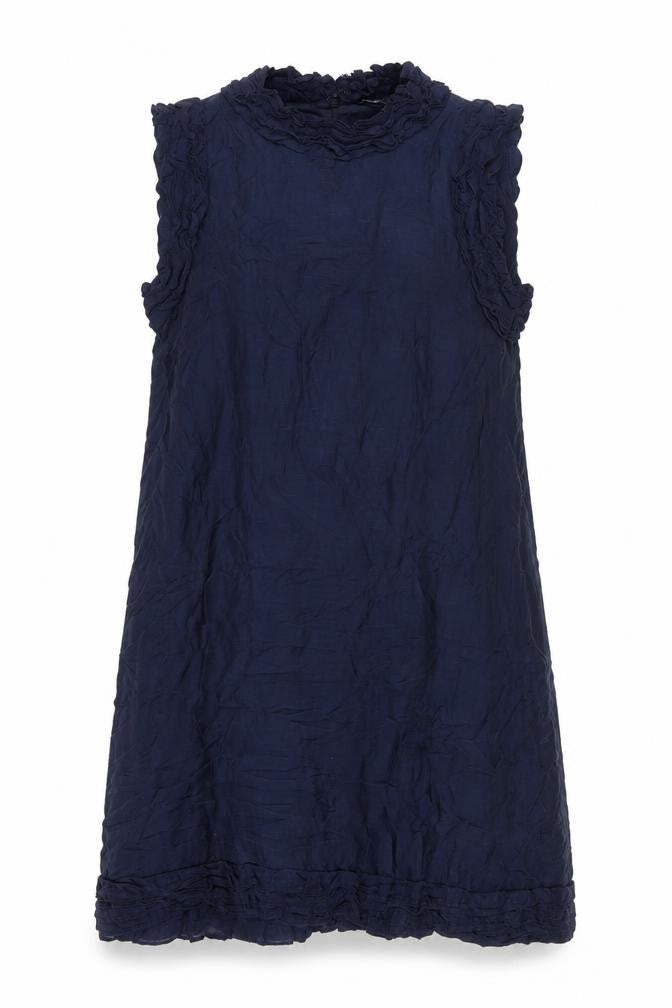Front view of French Connection women’s blue modal a-line, size UK 12, mock neck zip - ruffled collar