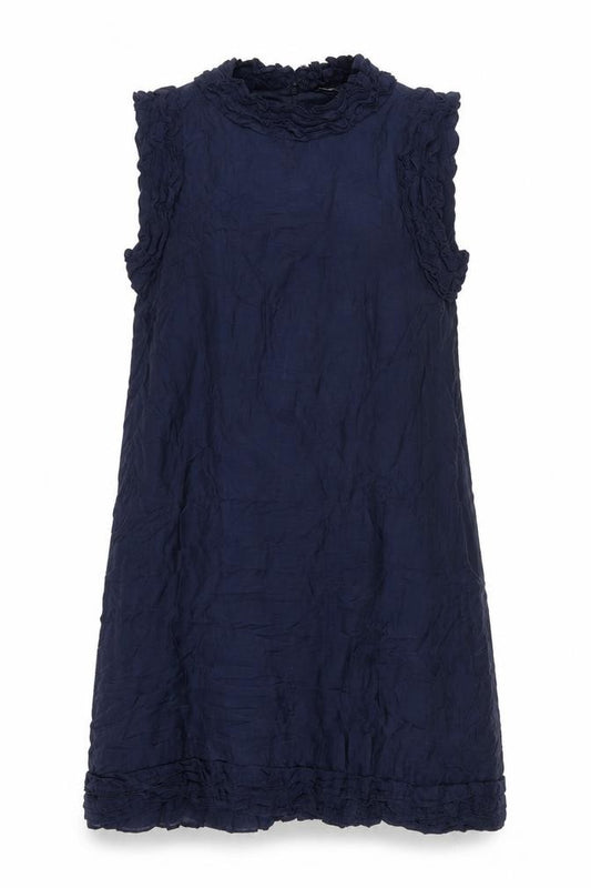 Front view of French Connection women’s blue modal a-line, size UK 12, mock neck zip - ruffled collar
