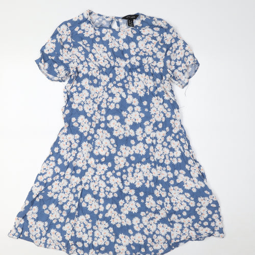 New Look Womens Blue Floral Viscose A-Line Size 10 Round Neck Button