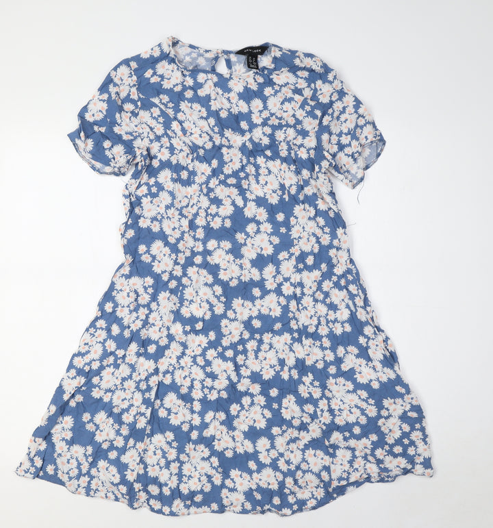 New Look Womens Blue Floral Viscose A-Line Size 10 Round Neck Button