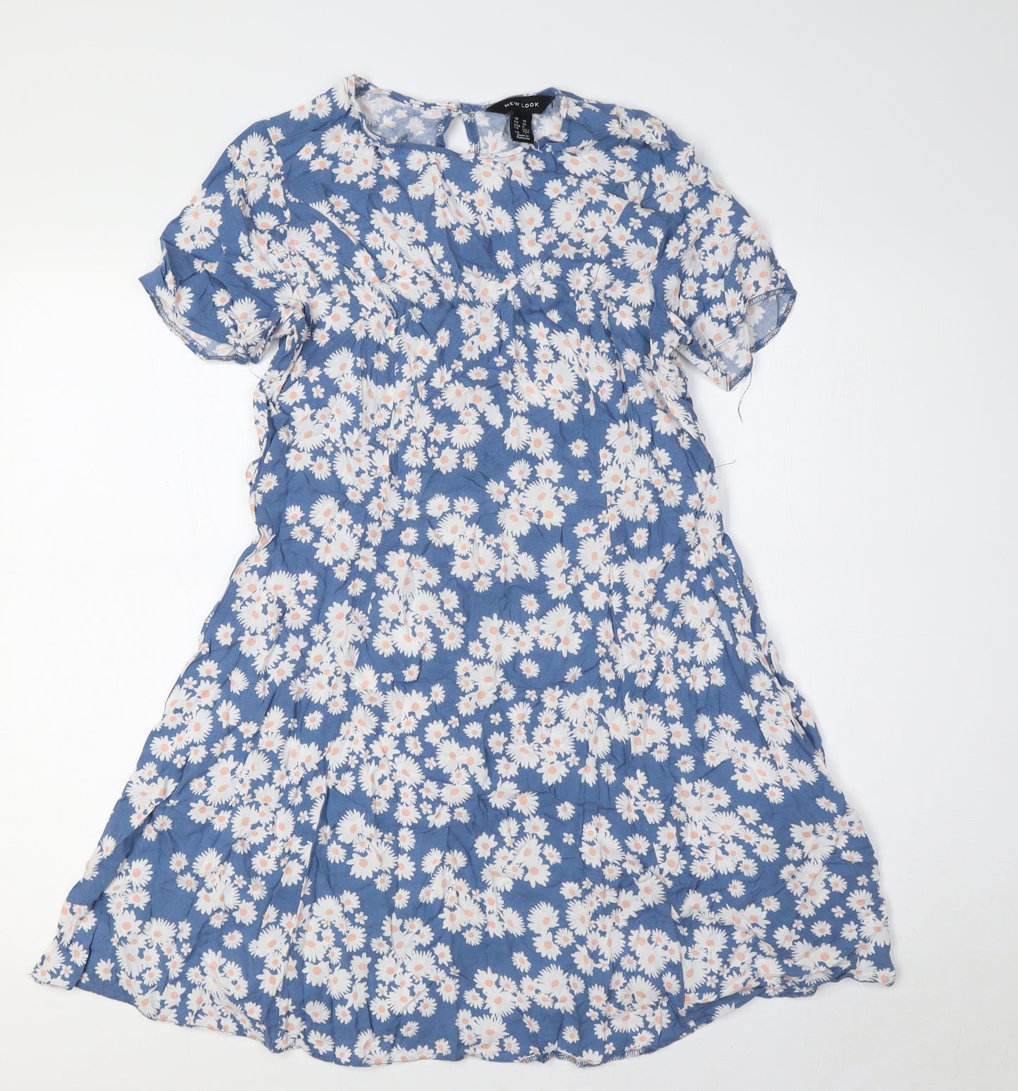New Look Womens Blue Floral Viscose A-Line Size 10 Round Neck Button