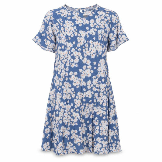 Front view of New Look women’s blue floral viscose a-line, size UK 10, round neck button