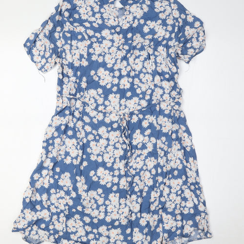 New Look Womens Blue Floral Viscose A-Line Size 10 Round Neck Button