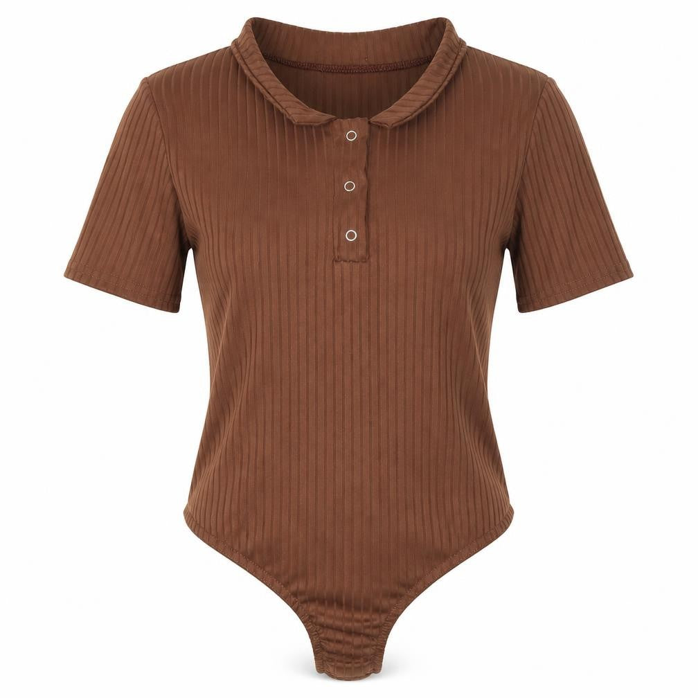 Front view of PRETTYLITTLETHING women’s brown polyester bodysuit one-piece, size UK 8, snap - ribbed