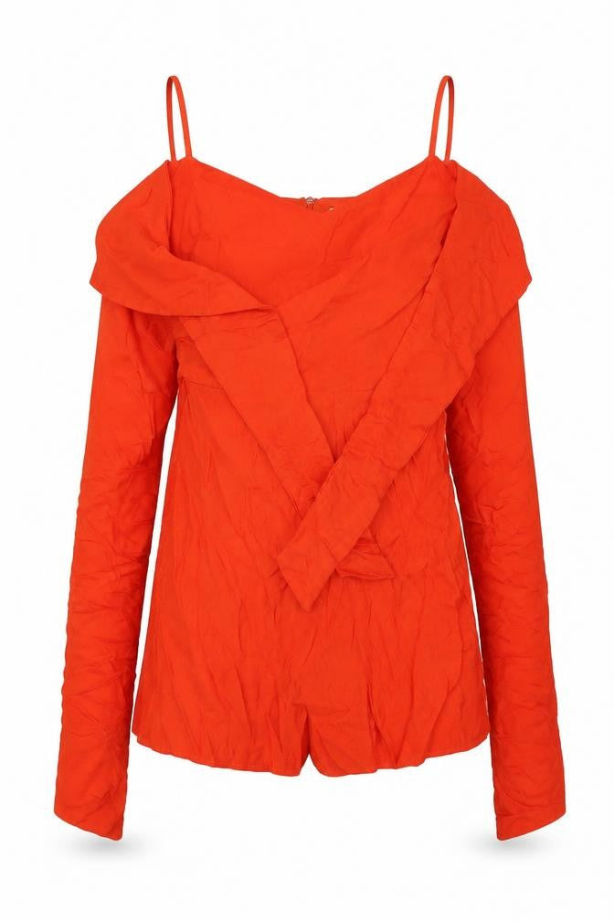 Front view of Glamorous women’s orange polyester playsuit one-piece, size UK 10, 3-inch leg zip - cold shoulder