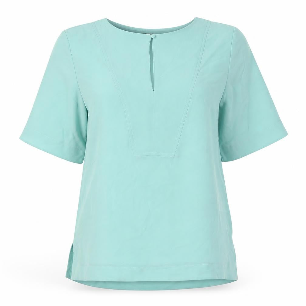 Front view of Marks & Spencer women’s green polyester basic button-up, size UK 8, round neck