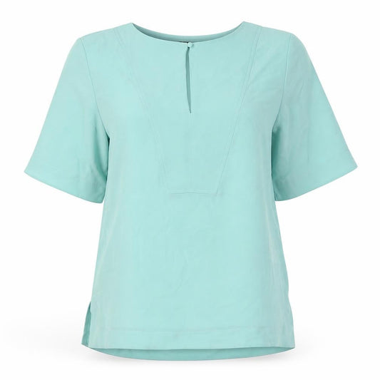 Front view of Marks & Spencer women’s green polyester basic button-up, size UK 8, round neck